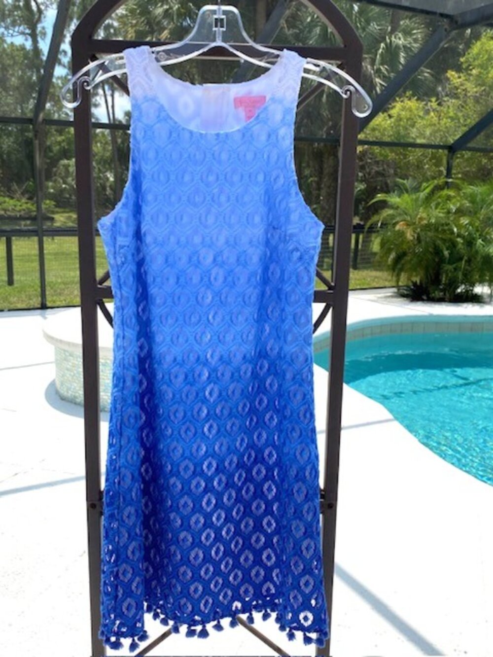Lilly Pulitzer Marquette Ombre Lace Shift Dress Tassels Sleeveless Blue XS